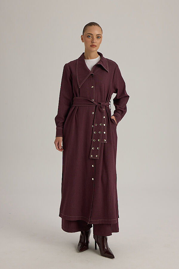 Yaka Detaylı Kuşaklı Denim Ceket Bordo - 1
