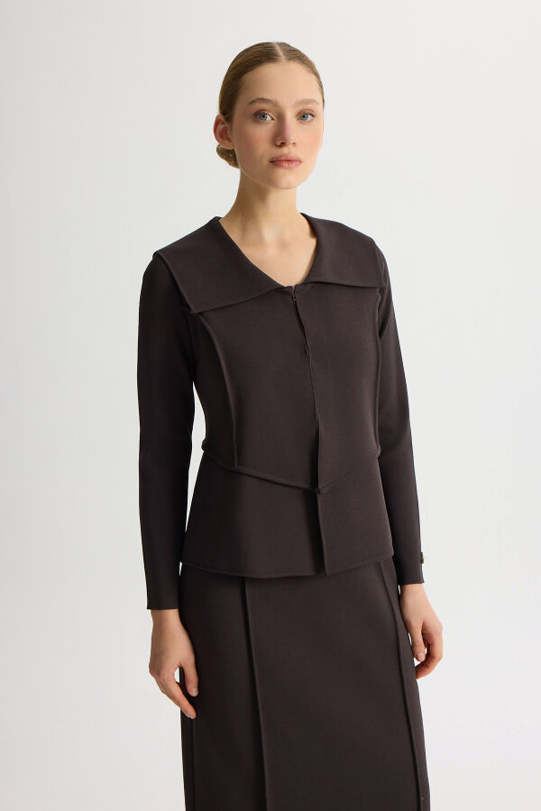 Yaka Detaylı Triko Şık Ceket Kahverengi - 1