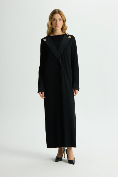 Yaka ve Bilek Detaylı Triko Elbise Siyah - 1