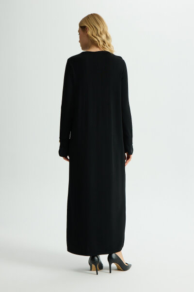 Yaka ve Bilek Detaylı Triko Elbise Siyah - 3