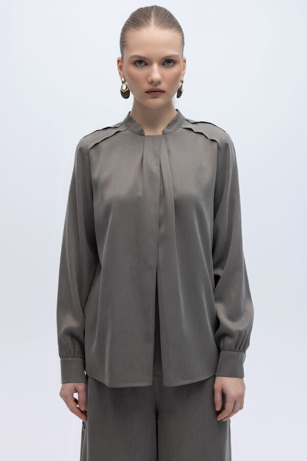 Yakası Hareketli İpek Cupro Gömlek Mink - 1