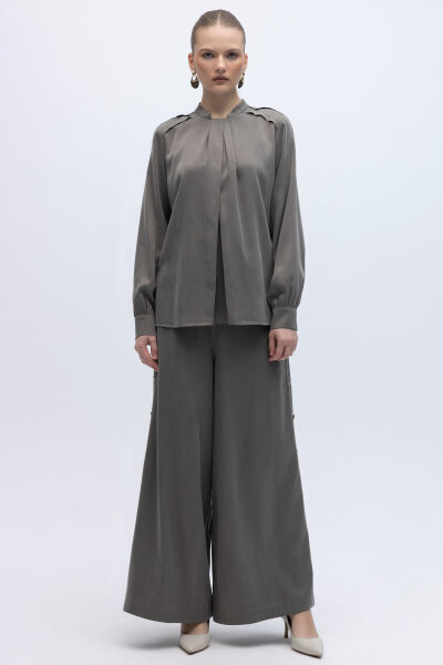 Yakası Hareketli İpek Cupro Gömlek Mink - 4