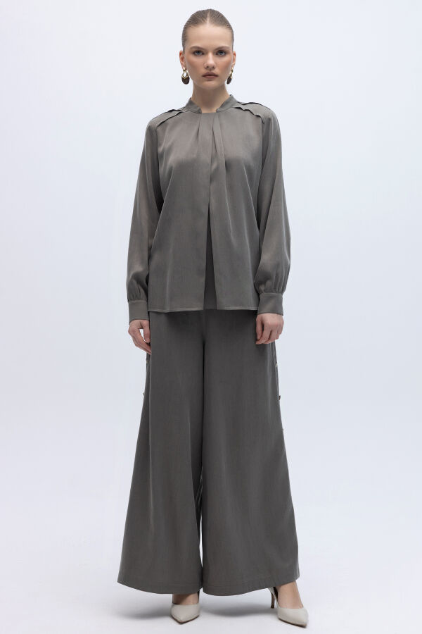 Yakası Hareketli İpek Cupro Gömlek Mink - 4