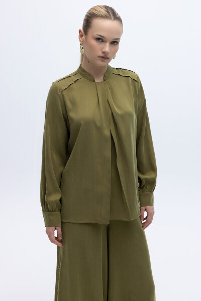 Yakası Hareketli İpek Cupro Gömlek Olive - 1