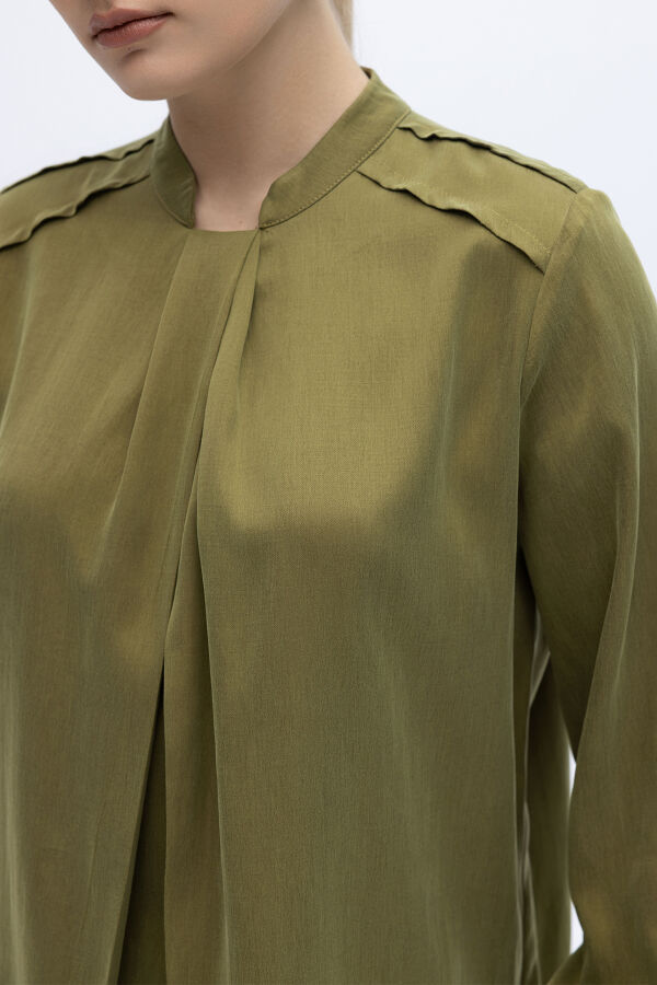 Yakası Hareketli İpek Cupro Gömlek Olive - 2