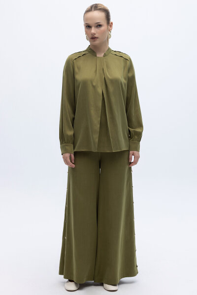 Yakası Hareketli İpek Cupro Gömlek Olive - 4