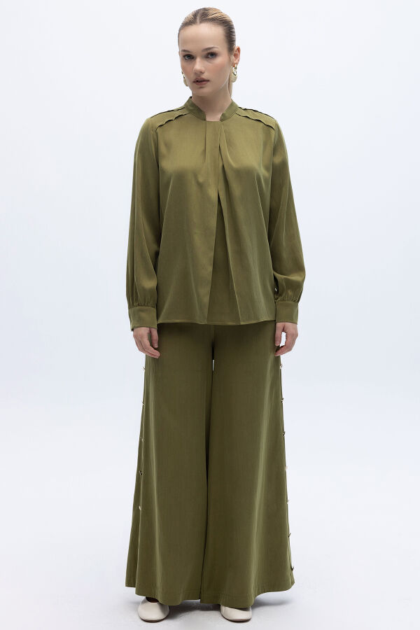 Yakası Hareketli İpek Cupro Gömlek Olive - 4