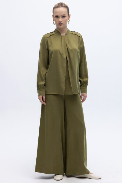 Yakası Hareketli İpek Cupro Gömlek Olive - 5