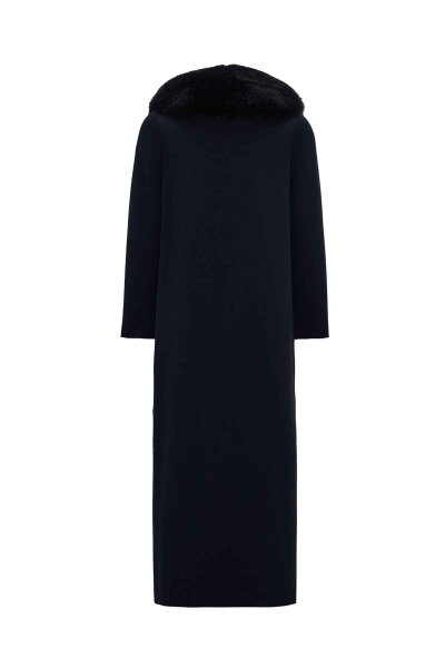 T26K-8001 Yakası Kürklü Uzun Kruvaze Triko Ceket OASI-DARK NAVY - 2
