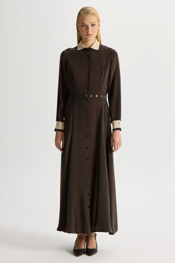 Yakası ve Bilekleri Triko Cupro Elbise Kahverengi - 1