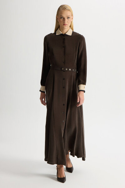 Yakası ve Bilekleri Triko Cupro Elbise Kahverengi - 2