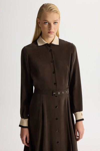 Yakası ve Bilekleri Triko Cupro Elbise Kahverengi - 3