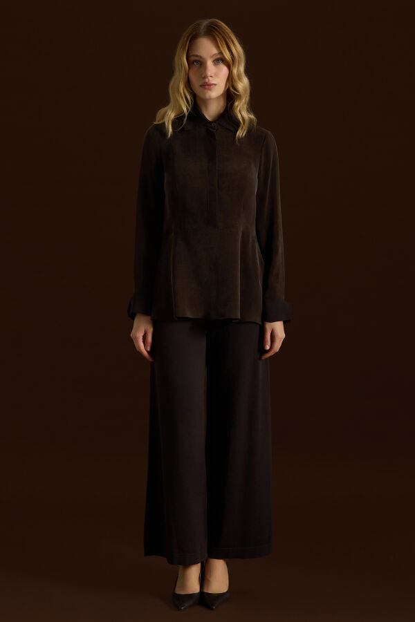 Yakası ve Manşeti Triko Detaylı Cupro Tunik Kahverengi - 3