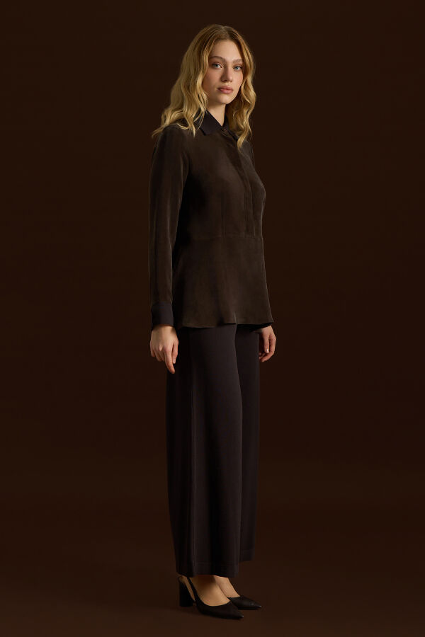 Yakası ve Manşeti Triko Detaylı Cupro Tunik Kahverengi - 4