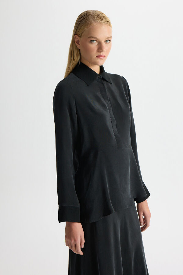 Cupro Tunic with Knitwear Detail on Collar and Cuff - 1