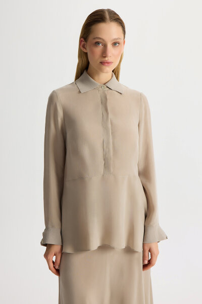 Cupro Tunic with Knitwear Detail on Collar and Cuff 