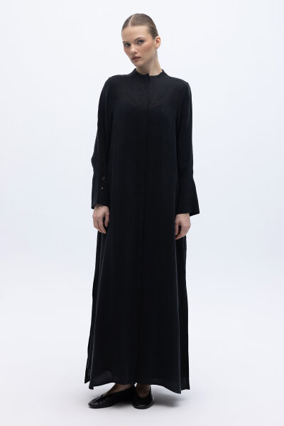 Yakasız Yırtmaç Detaylı Keten Ceket Siyah 