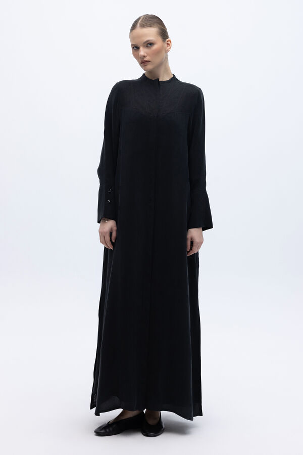 Yakasız Yırtmaç Detaylı Keten Ceket Siyah - 1