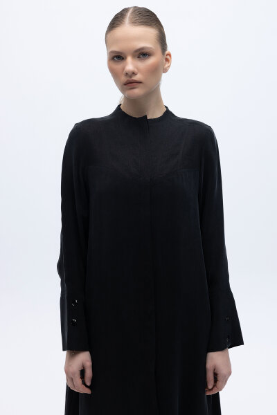 Yakasız Yırtmaç Detaylı Keten Ceket Siyah - 3