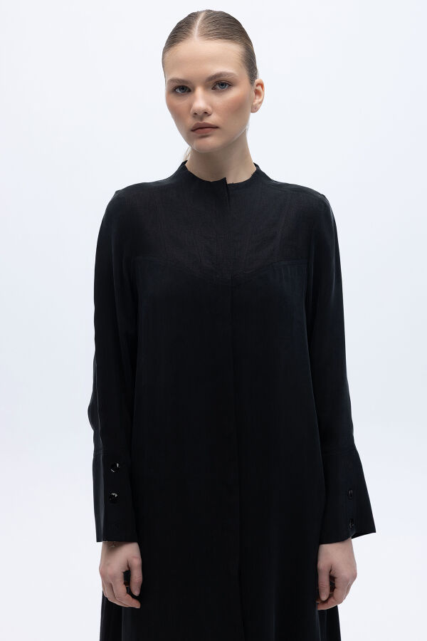 Yakasız Yırtmaç Detaylı Keten Ceket Siyah - 3