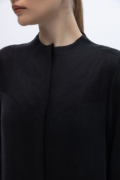 Yakasız Yırtmaç Detaylı Keten Ceket Siyah - 4