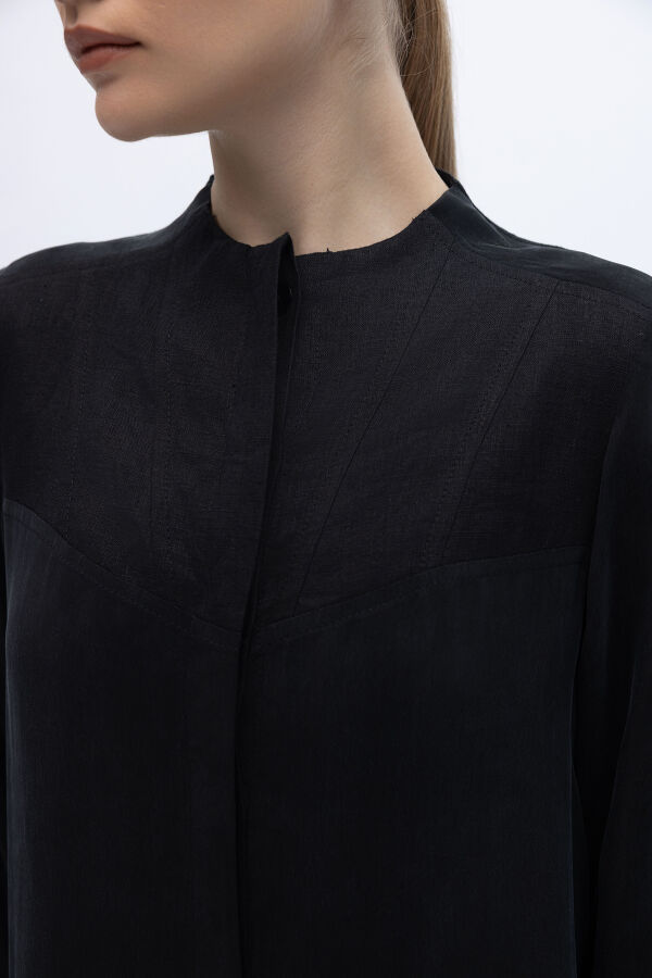 Yakasız Yırtmaç Detaylı Keten Ceket Siyah - 4