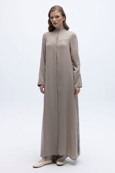 Yakasız Yırtmaç Detaylı Keten Ceket Stone - 1