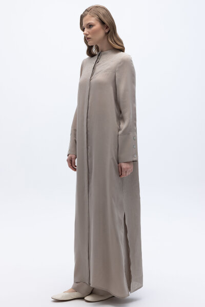 Yakasız Yırtmaç Detaylı Keten Ceket Stone - 2