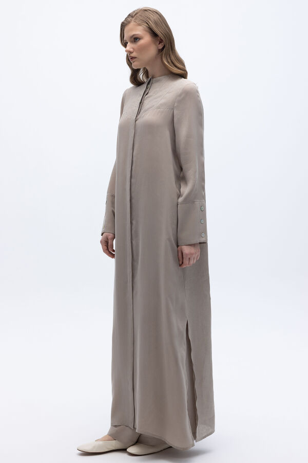 Yakasız Yırtmaç Detaylı Keten Ceket Stone - 2