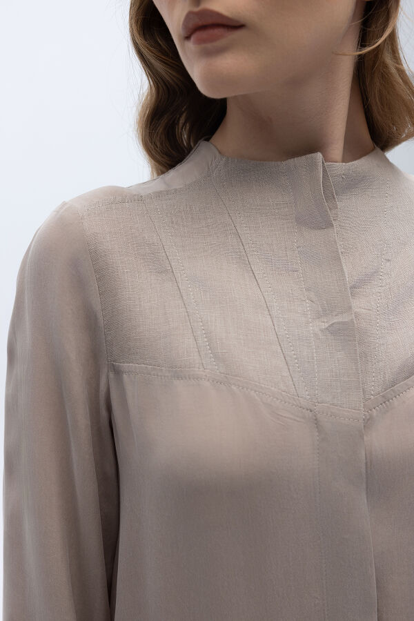 Yakasız Yırtmaç Detaylı Keten Ceket Stone - 3