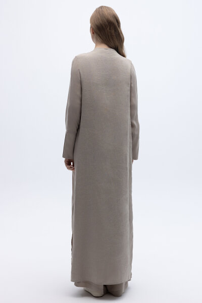 Yakasız Yırtmaç Detaylı Keten Ceket Stone - 5