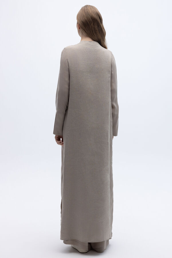 Yakasız Yırtmaç Detaylı Keten Ceket Stone - 5