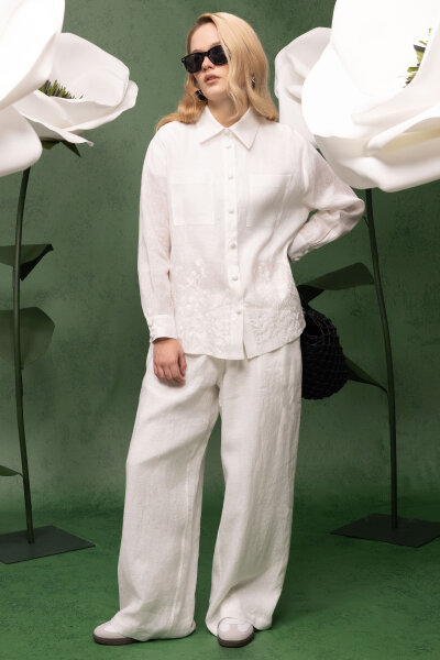 Yandan Cepli Bol Paça Keten Pantolon Ekru - 1