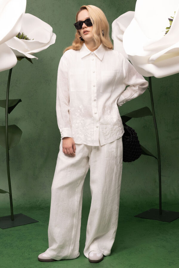 Yandan Cepli Bol Paça Keten Pantolon Ekru - 1