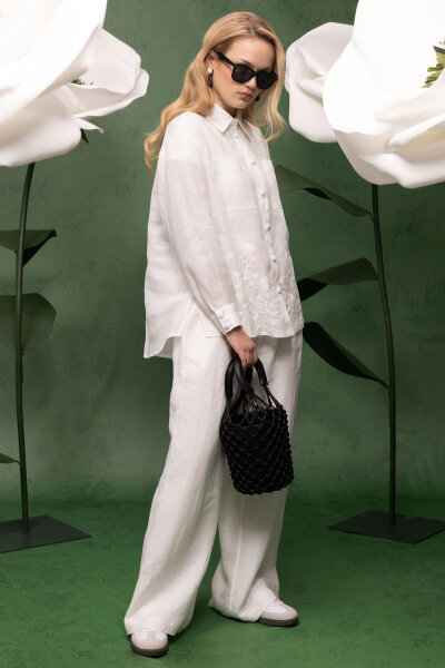 Yandan Cepli Bol Paça Keten Pantolon Ekru - 3