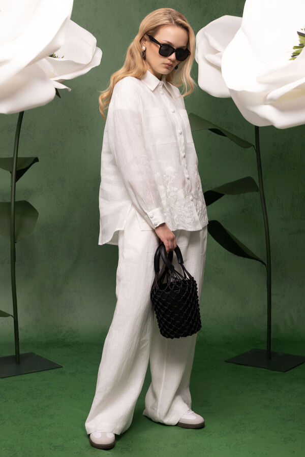 Yandan Cepli Bol Paça Keten Pantolon Ekru - 3