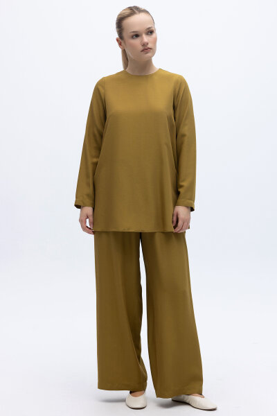 Yanı Yırtmaçlı Uzun Kollu Keten Tunik Amber - 2