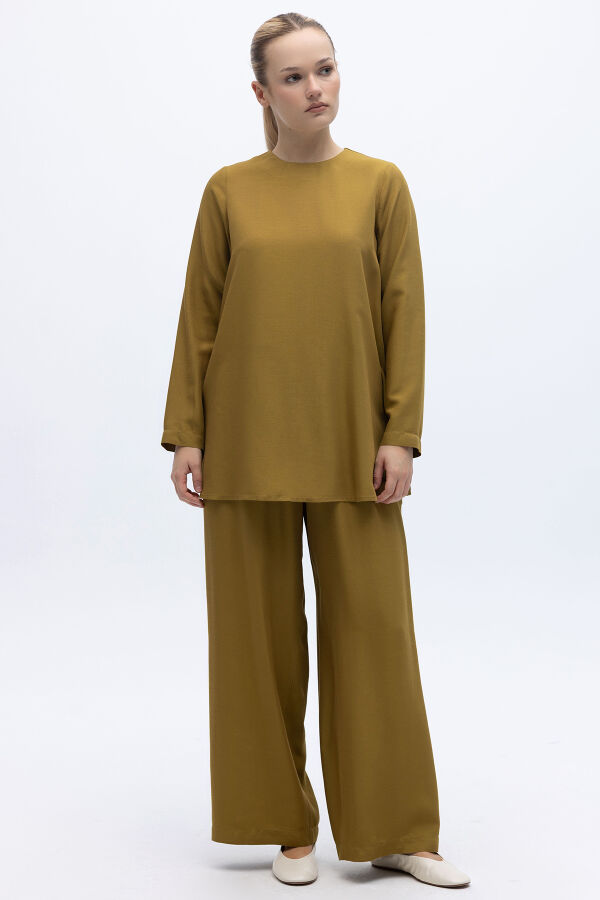 Yanı Yırtmaçlı Uzun Kollu Keten Tunik Amber - 2