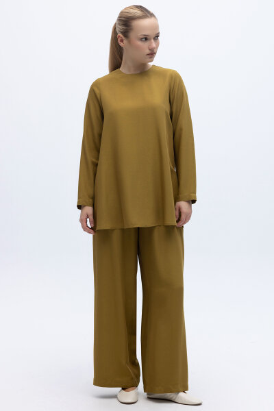 Yanı Yırtmaçlı Uzun Kollu Keten Tunik Amber - 3