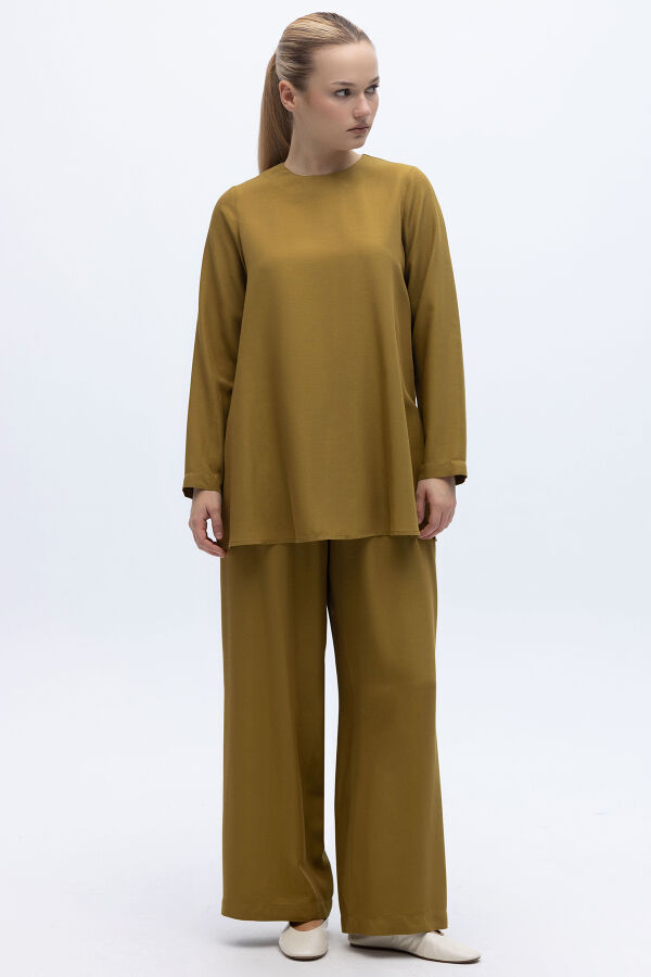 Yanı Yırtmaçlı Uzun Kollu Keten Tunik Amber - 3