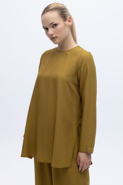 Yanı Yırtmaçlı Uzun Kollu Keten Tunik Amber - 5
