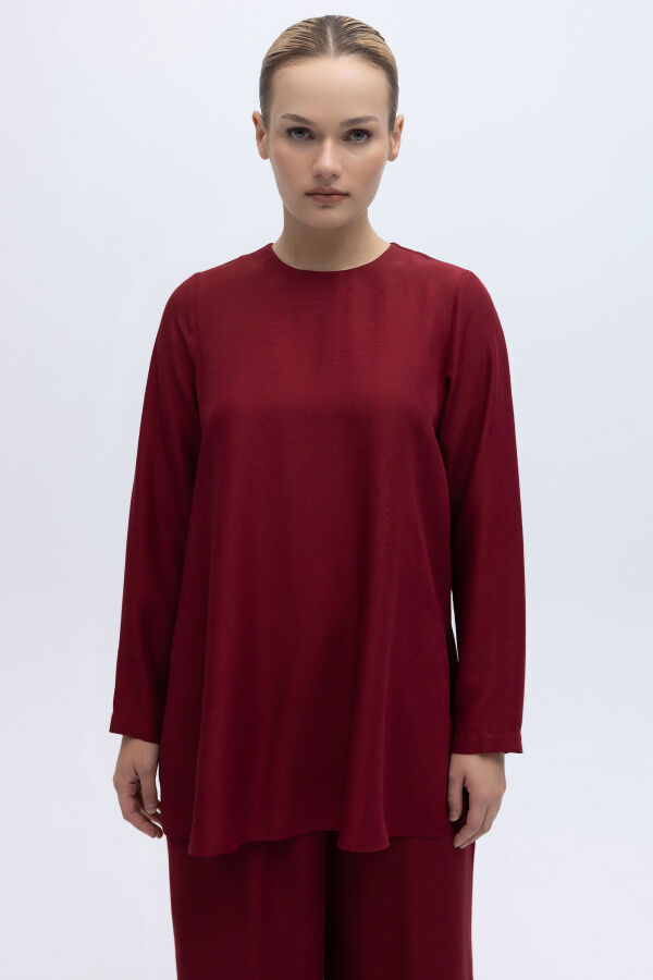 Yanı Yırtmaçlı Uzun Kollu Keten Tunik Cherry - 1
