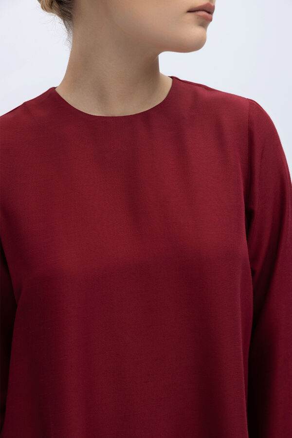 Yanı Yırtmaçlı Uzun Kollu Keten Tunik Cherry - 2