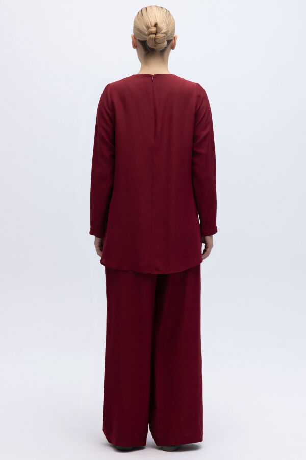 Yanı Yırtmaçlı Uzun Kollu Keten Tunik Cherry - 3