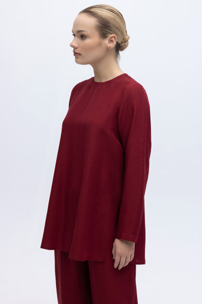 Yanı Yırtmaçlı Uzun Kollu Keten Tunik Cherry - 5