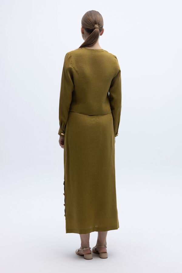 Yanları Düğmeli Düz Renk Keten Etek Amber - 2