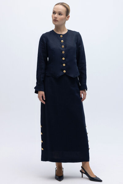 Yanları Düğmeli Düz Renk Keten Etek Siyah - 2