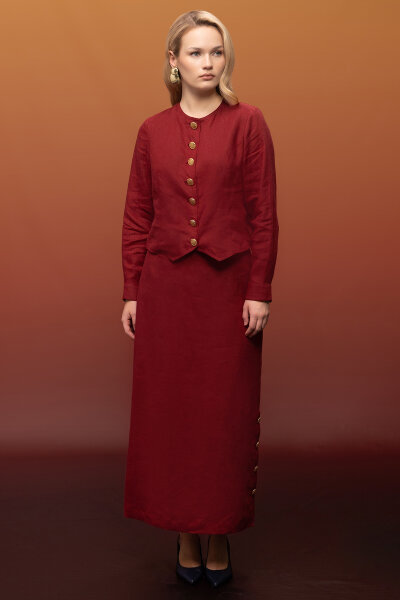 Yanları Düğmeli Düz Renk Keten Etek Cherry 