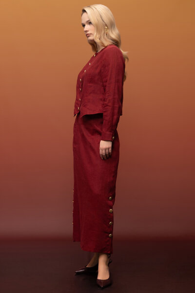 Yanları Düğmeli Düz Renk Keten Etek Cherry - 2