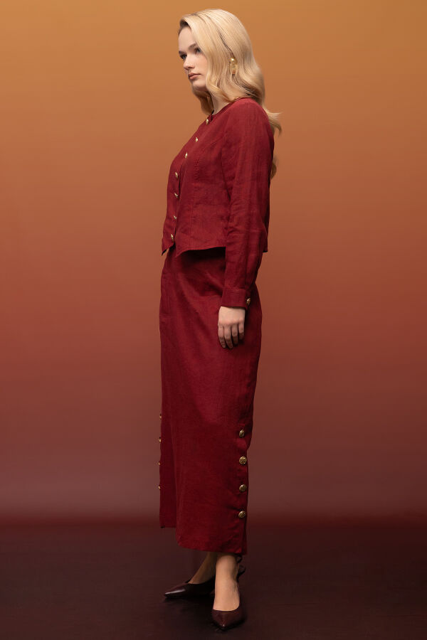 Yanları Düğmeli Düz Renk Keten Etek Cherry - 2